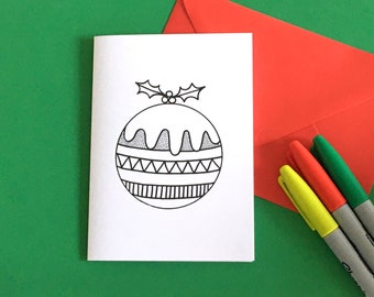XMAS PUDDING Personalised Colouring-in Christmas Greeting Card by Handy Studio