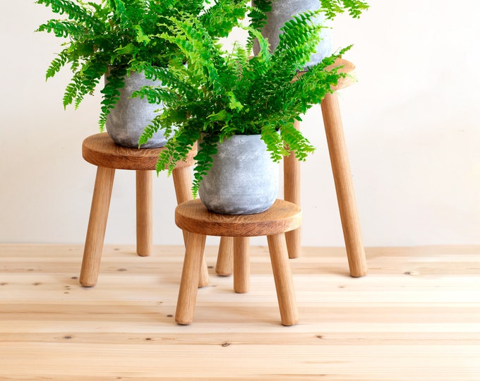 Wooden Plant Stand Solid Oak Stool Mid Century Style Plant Stand Plant