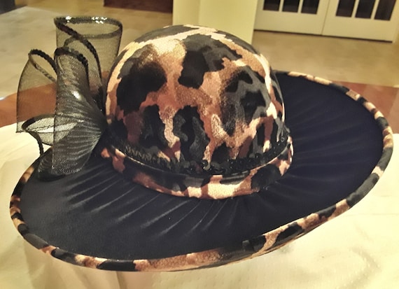 Black Hat with Leopard Print Trim with vintage adornment Vintage Black Hat With Brown & Black Leopard Print Trim  main image 4