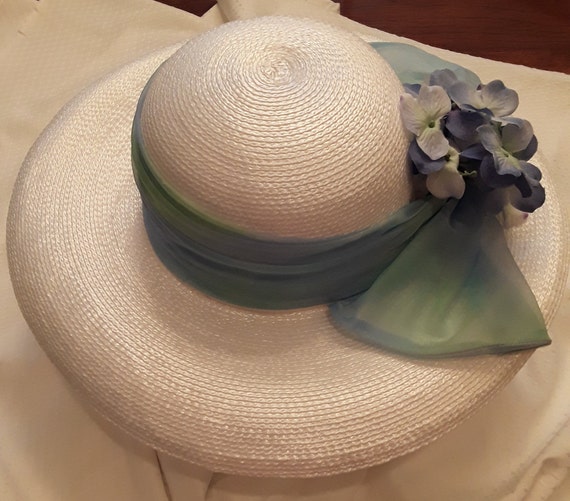 Wide Brim Straw Sun Hat with Blue Floral Scarf TUSCANY - Natural with Blue Silk Scarf - Gold Coast Couture main image 3