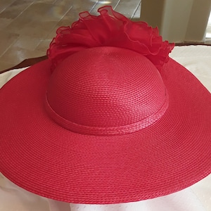 Women&#39;s Vintage 1980s/1990&#39;s Wide Brimmed Red Straw Boater with Matching Tulle Ruffle