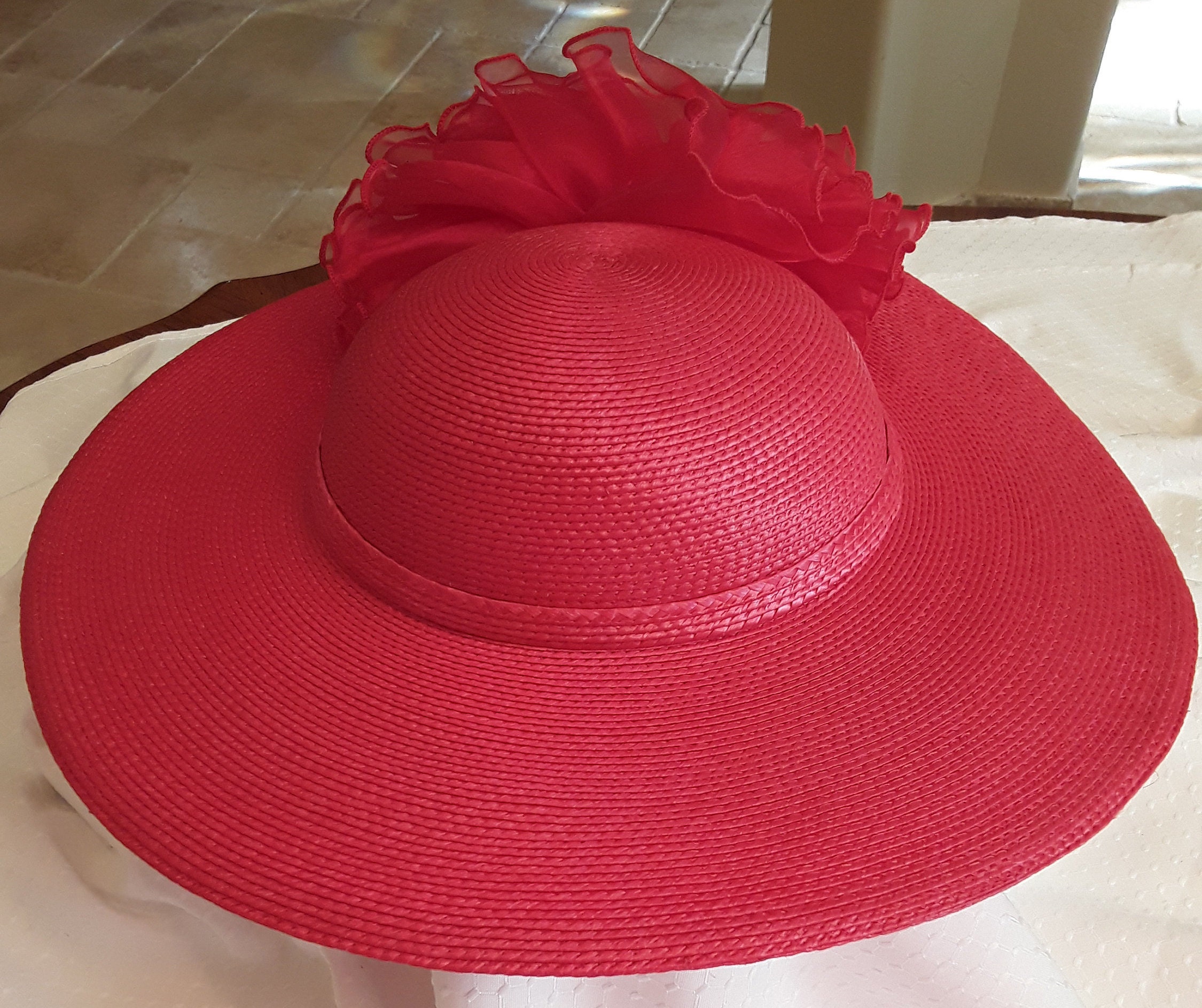 Red Wide Brim Straw Hat with Tulle Rosettes Apatico - Gothic Millinery - Tiffany Straw Hat - Red Ribbon  main image 2