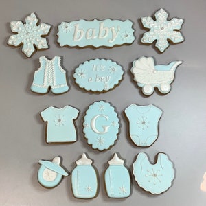 Winter Baby Shower Sugar Cookies, Party Favors, It’s a boy, White-Blue.