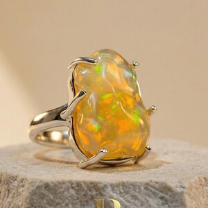 Raw Mexican Fire Opal Ring – Freeform Statement Sterling Silver Jewelry