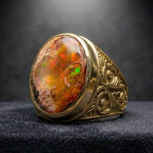 Anillo Masculino de Ópalo de Fuego Mexicano – Anillo Statement en Plata Sólida o Oro 14k, Ópalo Matrix Natural