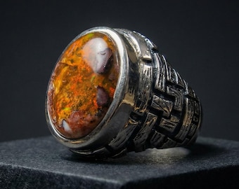 Rustic Mexican Fire Opal Ring: 950 Sterling Silver, Handmade Boulder Matrix Ring