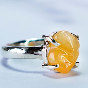 Orange Fire Opal Ring – Handmade 950 Silver, Minimalist Oval Cabochon, October Birthstone Jewelry