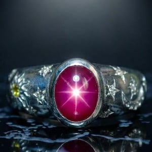 Bague rubis étoilé créée en laboratoire - Astérisme à 6 rayons en argent massif 950, bague soleil et lune