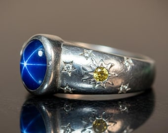 Im Labor hergestellter Stern-Saphir-Ring - 6-strahliger Asterismus in 950er Silber, Statement-Ring Sonne & Mond