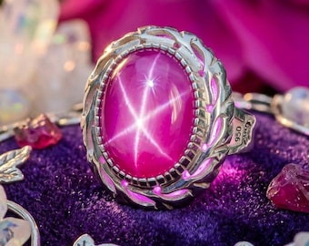 Star Ruby-ring in 950 zilver – Handgemaakte Pink Star Ruby-statementring, ambachtelijke sieraden