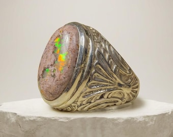 Mexican Fire Opal Men’s Ring – Handmade 950 Sterling Silver, Galaxy Matrix Boulder opal
