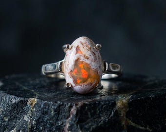 Mexican Fire Opal Matrix Ring – Genuine stone in 950 Silver, Handmade Artisan Statement Ring