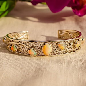 Mexican Fire Opal Bracelet – Natural Opal 950 Silver Filigree Cuff, Handmade Artisan Statement Jewelry