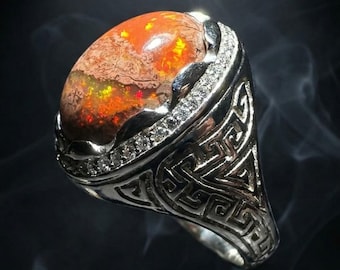 Mexican Fire Opal Statement Ring – Handmade 950 Sterling Silver Men's Ring, Natural Artisan Jewelry