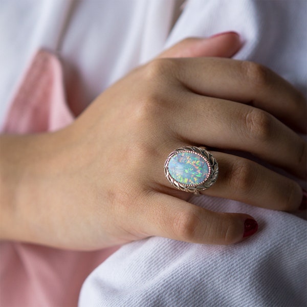 White Opal Silver Ring - Multicolor Mosaic Beauty, a gift perfect for any occasion, Elegant White Opal Silver Ring: Lab-Created Beauty