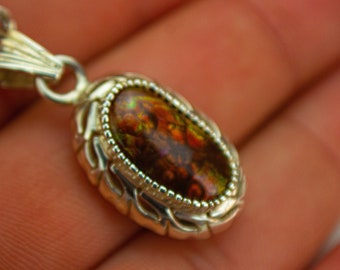 Fire agate in forged sterling silver pendant