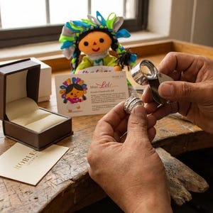 Op de afbeelding: Een zilveren ring met een ingewikkeld filigraanpatroon gehouden bij een juweliersloep, vergezeld van een bruin met fluweel bekleed juwelendoosje, een kleine stoffen pop met kleurrijke linten en een witte kaart met de tekst Meet Leli.