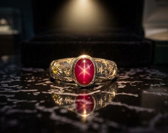 Im Labor hergestellter Sternrubinring - 6-strahliger Asterismus in 950er Silber