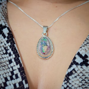 Handmade Mexican Opal Necklace – Galaxy Opal in Sterling Silver, Fire Opal Pendant, October Birthstone Jewelry for any special day