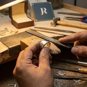 May include: A silver ring with a hammered texture being filed with a metal hand file. The ring is held against a wooden bench pin on a workbench containing various jewellery making tools including a hammer, pliers, and several metal files.