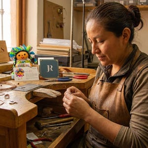 Puede incluir: Un joyero trabaja en un banco de madera con varias herramientas, incluyendo alicates y alambre. En el escritorio hay una pequeña muñeca, un letrero de madera que dice ROBLES JOYERIA y una tarjeta con las letras JR.