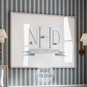 Letrero con nombre para guardería de perros Golden Retriever / Arte de pared personalizado para guardería de bebé niño / Arte con monograma / Arte de pared de cachorro / Azul, verde salvia, beige
