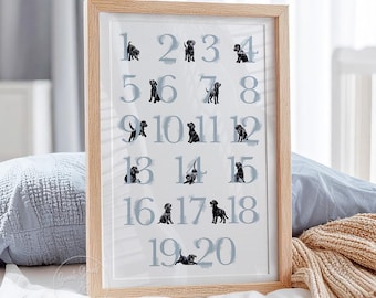 BLACK LABRADOR numbers poster. Boys puppy nursery decor. Dog nursery art for a baby boy. Black Lab 123 poster numbers 1-20. Digital download