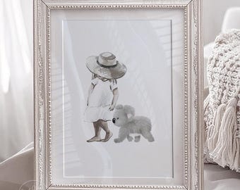 KOALA NURSERY Print, Koala Print, Australian Native, Australian Fauna, Printable Art, Koala walking with toddler girl wearing a straw hat