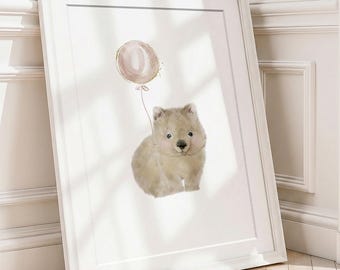 WOMBAT with pink balloon nursery decor. Australian Animal print for nursery. Aussie animal prints. Australian nursery animals. Wombat poster