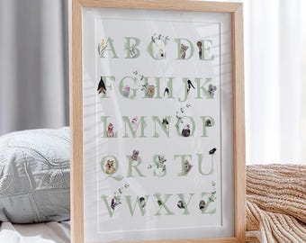 Póster del alfabeto de animales australianos, póster con el alfabeto, impresión del alfabeto, póster educativo para la decoración de la habitación de un niño o una niña.