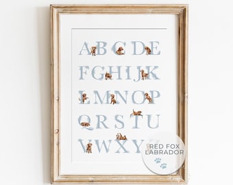 Red Fox Labrador Alphabet Poster, Puppy ABC Print, Cute Red Fox Lab Dog Themed Nursery Wall Art for a Baby Boy Nursery | Printable Wall Art