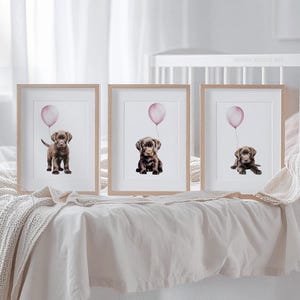 Arte de pared de 3 piezas LABRADOR RETRIEVER DE CHOCOLATE para la habitación de una niña o la decoración del dormitorio de una niña / Cachorros de Labrador de chocolate con globos rosados