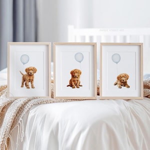 Set of 3 RED GOLDEN RETRIEVER Nursery Prints. Golden Retriever Art for a Boy&#39;s Bedroom. Puppy Nursery Decor. Puppies with blue balloons
