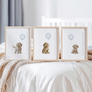 GOLDENDOODLE Nursery Prints. Puppy Nursery Decor. Goldendoodles with Blue Balloons. Goldendoodle Art for Baby Boy Nursery, Boy's Bedroom GD