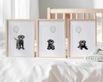 Set of 3 BLACK LABRADOR nursery prints, Black Lab puppies with sage green balloons, Puppy Nursery Decor, Printable Puppy Wall Art
