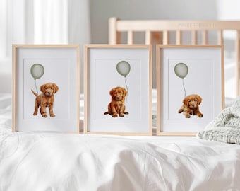GOLDEN RETRIEVER Puppy Nursery Decor. Set of three prints. Golden Retriever Puppies with Sage Green Balloons. Printable Kids Bedroom Decor.
