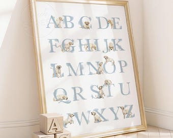 YELLOW LAB Nursery Wall Art: Labrador Alphabet Poster in Pastel Blue, Labrador Puppy Nursery Decor for a Baby Boy's Nursery or Bedroom