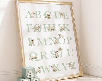 LABRADOR Alphabet Poster in Sage Green: Yellow Lab Nursery Wall Art, Labrador Puppy Nursery Decor for a Baby Nursery or Bedroom, PRINTABLE