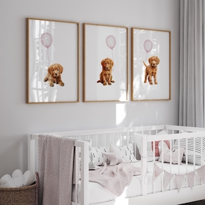 Impressions pour chambre d&#39;enfant Golden Retriever, lot de 3 impressions, décoration de chambre de fille chiot, Golden Retriever rouge avec ballons roses, art mural, impressions numériques