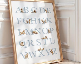 Póster del alfabeto de Cocker Spaniel Dorado Azul / Tabla ABC de Cachorros / Arte de pared para habitación de bebé niño / Descarga digital
