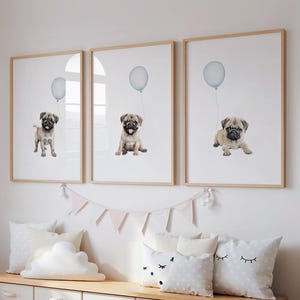 Set of three FAWN PUG wall art digital prints | Pug art for a baby boy nursery | Pug with blue balloons | Puppy Nursery Decor | Pug Poster