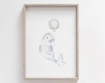 BELUGA WHALE holding a Balloon Print, Beluga Whale Print, Whale Print, Whale Wall Art, Whale Nursery Art, Kids Room Decor, Ocean Nursery