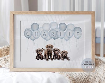 CHOCOLATE LAB Personalized Name Sign: Puppy nursery decor for a Boy and Girl | Custom name print with Dogs | Dog Nursery Prints |