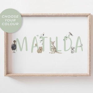 Australian Animals Custom Name Print for Girl's Nursery and Bedroom - Personalised Koala and Kangaroo print for Australia Themed Nursery