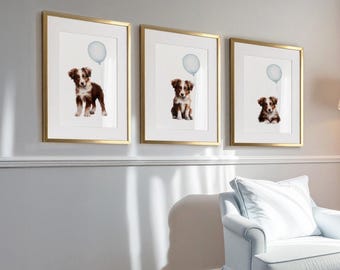 Red Tri AUSTRALIAN SHEPHERD Nursery Print Set of 3 | Blue Balloons | Baby Room Decor BOY | Aussie Shepherd Nursery Decor | Digital Download