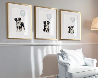 Australian Shepherd Nursery Decor | Blue Balloons | Set of 3 Prints | Baby Boy Room Decor | Black Tri Aussie Shepherd Art | Digital Download