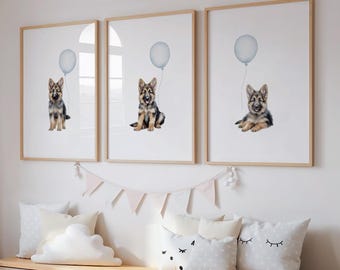 German Shepherd Puppy Nursery Decor | 3 Piece Wall Art | Dog Watercolor Wall Art | Bedroom and Nursery Decor BOY | Printable Dog Poster Set