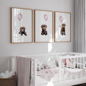 CHOCOLATE LABRADOR RETRIEVER 3 piece wall art for a baby girl nursery or girls bedroom decor | Chocolate Lab puppies with pink balloons