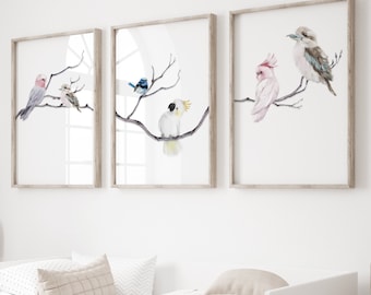 Three piece wall art - Kookaburra, Cockatoo, Wren, Major Mitchell Parrot Print - Bird Printable - Australia Nursery and Bedroom Wall Art