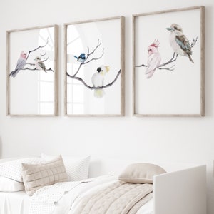 Three piece wall art - Kookaburra, Cockatoo, Wren, Major Mitchell Parrot Print - Bird Printable - Australia Nursery and Bedroom Wall Art